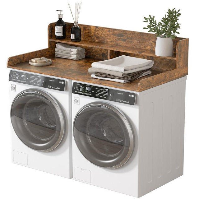 Piskyet Washer Dryer Countertop,2- Tier Laundry Countertop with Edge Rails,27.5" Depth x 54" Wood Countertop,Laundry Machine Topper for Laundry Room Organization and Storage(Rustic Brown)