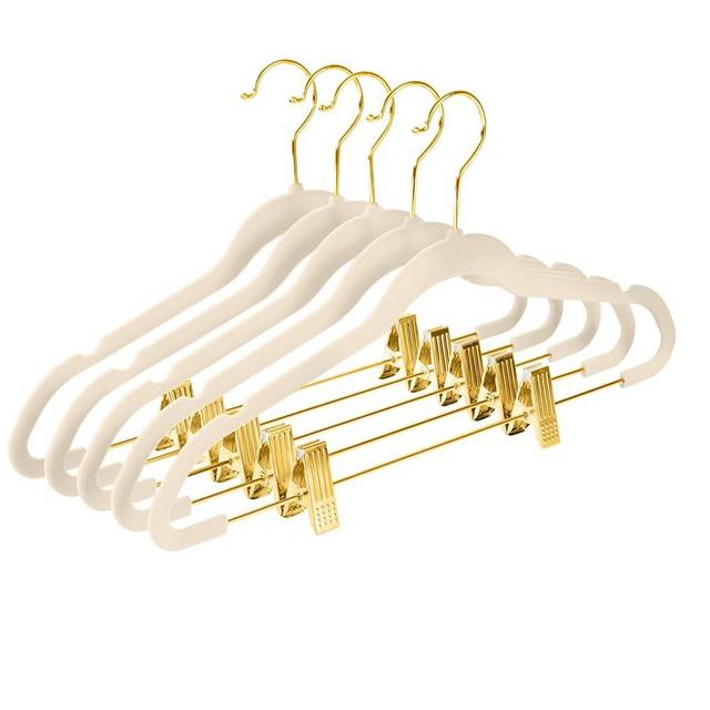 MIZGI Premium Velvet Pants Hangers with Adjustable Clips (Pack of 20) Slim Skirt Hangers- Non Slip Felt Outfit Dress Hangers Ivory - Gold Hooks,Space Saving Shirt Clothes Hangers