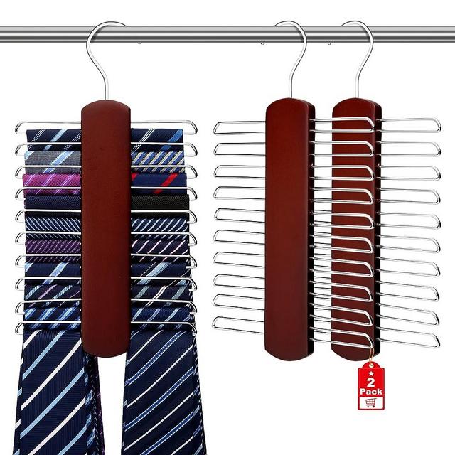 2 Pack Tie Rack for Closet, Premium Wooden Necktie Organizer Storage Tie/Belt Hanger, 360 Degree Swivel Space Saving Ties Holder for Men Hanging 40 Ties Red
