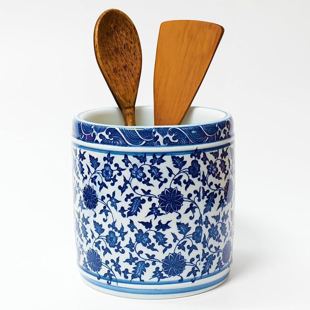 ZENSOAR Kitchen Utensil Holder for Kitchen Countertop, Cooking Utensils Holder, Large Utensil Crock, Ceramic Spatula Holder for Counter, Kitchen Tool Holder, Blue and White