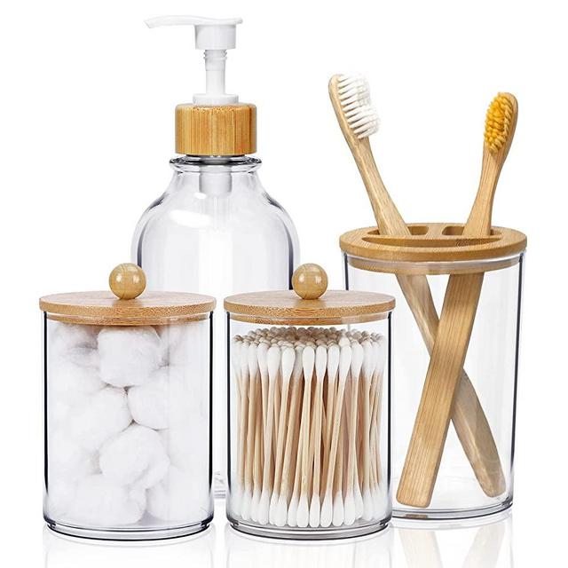 Bathroom Accessories Set 4 - Soap Dispenser & 2 Plastic Qtip Apothecary Jars with Bamboo Lids & Toothbrush Holder for Rustic Bathroom Home Decor Kitchen Vanity Makeup Table Organizer