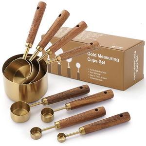 SHIKORI Gold Measuring Cups and Spoons Set with Wood Handles, Premium Stainless Steel Measuring Spoons and Measuring Cups Set-Gold