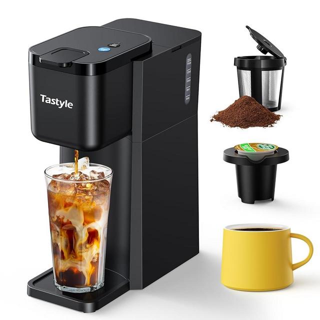 Tastyle Single Serve Hot and Iced Coffee Maker, One Cup Coffee Machine for K Cup and Ground, 6 to 14 Oz Brew Sizes, with Recipe Book, for Home, Travel, RV, Office and Dorm, Classic Black (2.0 Version)