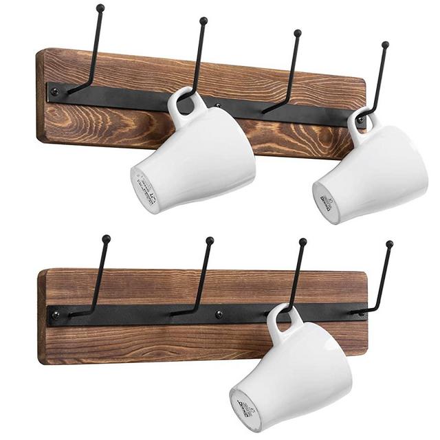 MyGift 4-Hook Rustic Burnt Wood & Metal Wall Mounted Mug Racks, Set of 2