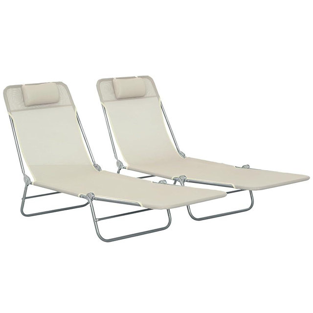 Outsunny 2 Piece Folding Chaise Lounge Chairs, Pool Sun Tanning Chairs with Reclining Back, Breathable Mesh Seat, Headrest for Beach, Yard, Patio, Cream White
