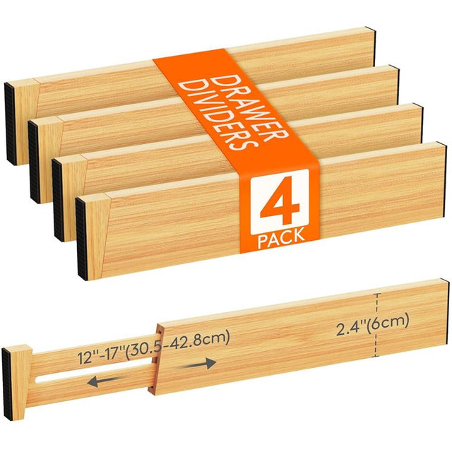 Lifewit 4 Pack Drawer Dividers Bamboo 2.4" High, 12-17" Adjustable Drawer Organizers for Clothes, Wooden Dresser Separators in Bedroom/Bathroom/Kitchen/Fridge/Office Organization and Storage