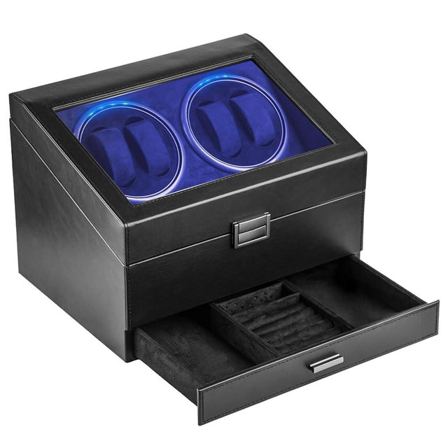 J&T Technology Watch Winder for 4 Automatic Watches, Watch Winder Box with Watch Holders and Jewelry Storage, Quiet Japan-Made Motor,LED Light,Gift for Men & Women