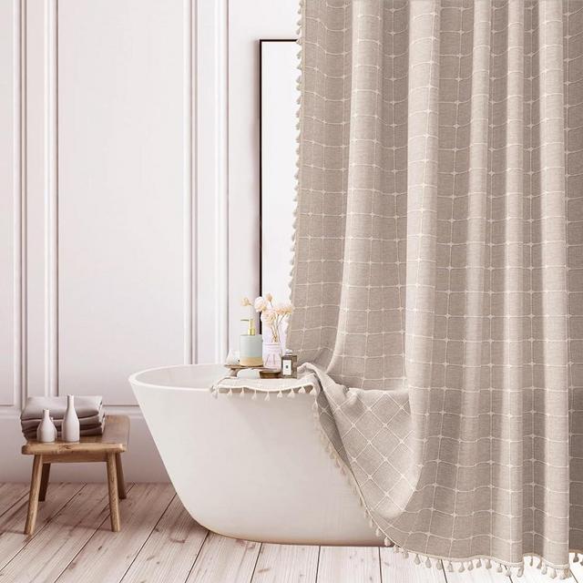 Farmhouse Brown Shower Curtain - Boho Modern Linen Fabric Shower Curtains for Bathroom, Chic Cute Cottagecore Thick Bathroom Curtain Set with Tassel - Bohemian Cloth Vintage Shower Curtain 72x72, Tan