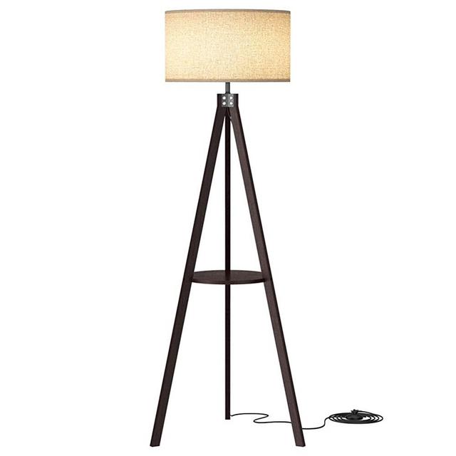 LEPOWER Wood Tripod Floor Lamp, Mid Century Standing Wooden Lamp, Modern Design Studying Light with Shelf for Living Room, Bedroom, Office , Flaxen Lamp Shade with E26 Lamp Base