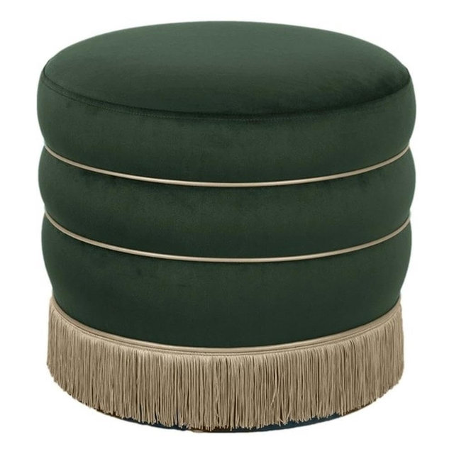 Pemberly Row Handmade Velvet Ottoman, Green Upholstery, Vegan Leather Piping, Tasseled Base, Transitional Accent Stool, Fully Assembled, Living Room or Bedroom Seating