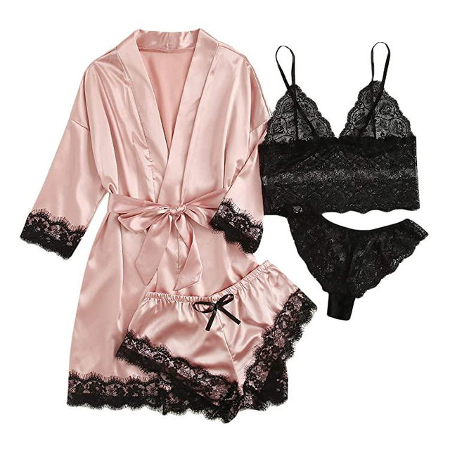 WDIRARA Women's 4 Pieces Satin Floral Lace Cami Top Lingerie Pajama Set with Robe