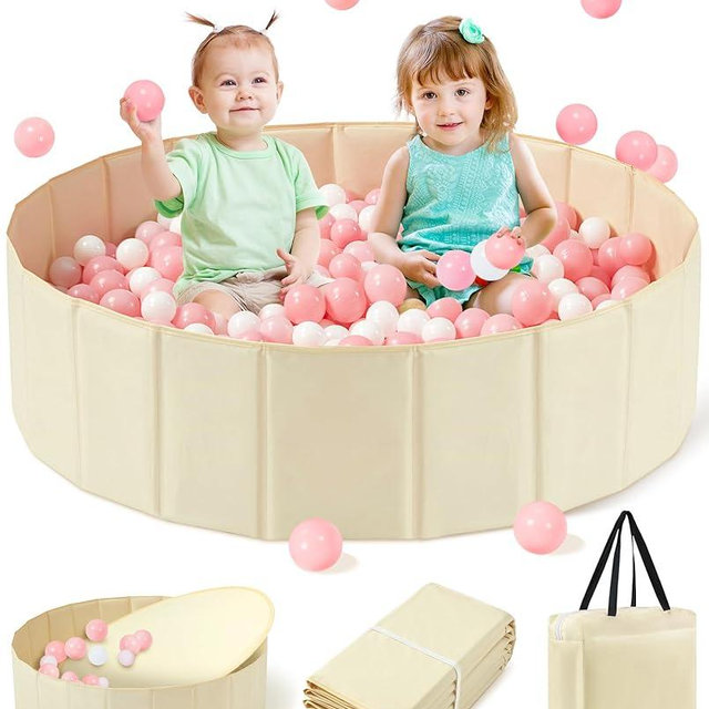 Hikiddy Large Ball Pit for Toddlers - 44 in Baby Ball Pit with Pop-Up Playmat, Portable and Foldable Kids Ball Pit, Dog Play Pit, Indoor and Outdoor Use, Hold Over 800 Balls, Balls Not Include (Beige)