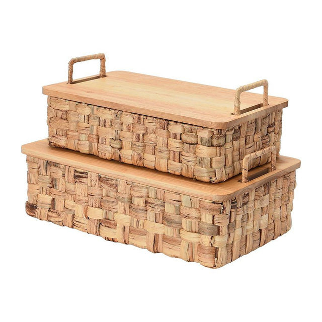 Household Essentials Stackable Hyacinth Baskets with Oak Lids, Natural, Set of 2