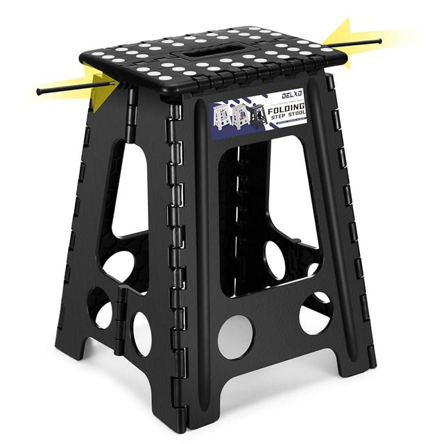 Delxo 17.5 Inch Folding Step Stool, Heavy Duty Foldable Stool for Adults,Premium Portable Collapsible Plastic Step Stool,Non Slip Folding Stools for Kitchen Bathroom Bedroom Up to 400LBS,(Black 1PC)