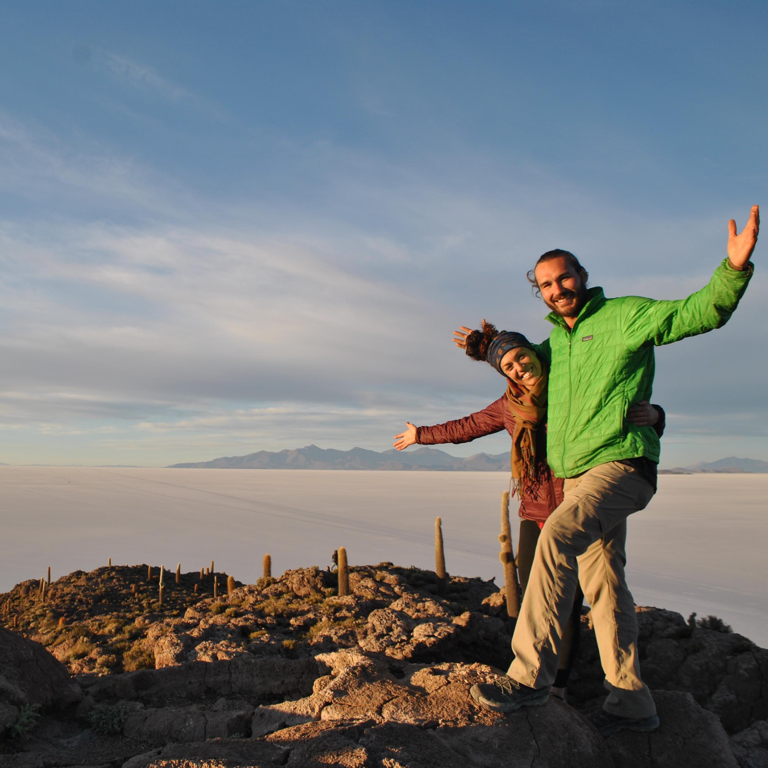 That's a HUGE salt flat behind us! Salar de Uyuni, Bolivia.