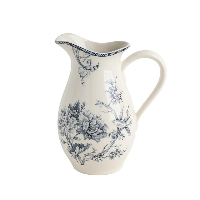 222 Fifth Adelaide Porcelain Pitcher, 100oz Blue & White Large Floral Serving Pitcher with Handle, Vintage Chinoiserie Ceramic Water Pitchers, Flower Vase for Table, Big Decorative Jug for Home Décor