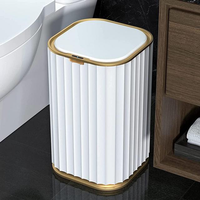 MOPALL Bathroom Trash Can - 3.5 Gallon Automatic Trash Can,Waterproof Slim Touchless Bathroom Garbage Can with a Lid(White with Gold Trim)