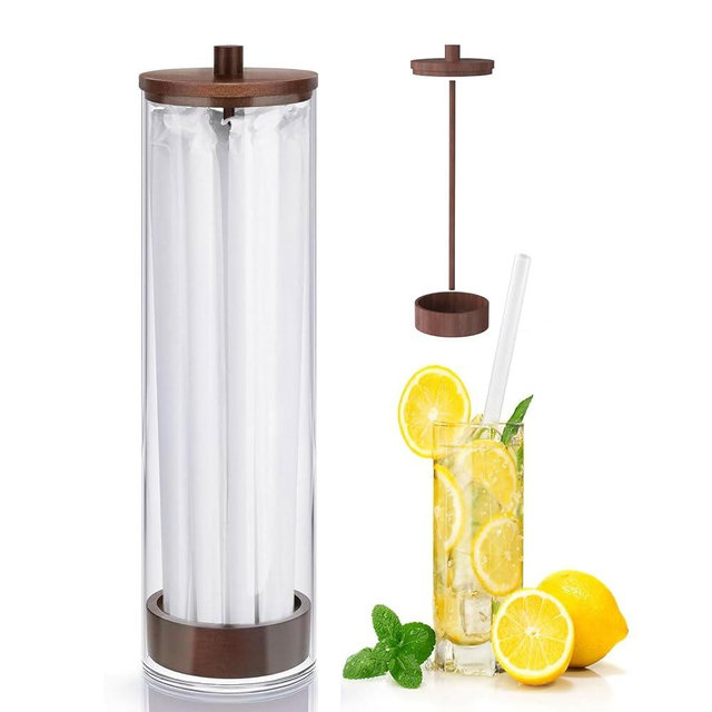 JYPS 13-Inch Acrylic Straw Dispenser with Bamboo Lid with 100 Colorful Straws,Transparent Counter Container Countertop Organizer for Kitchen,Office,Cabinet Storage, Holds Pencils, Cutlery(Dark brown)