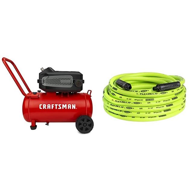 Craftsman HARD Air Compressor, 10 Gallon & Flexzilla Air Hose, 3/8 in. x 50 ft, 1/4 in. MNPT Fittings, Heavy Duty, Lightweight, Hybrid, ZillaGreen - HFZ3850YW2