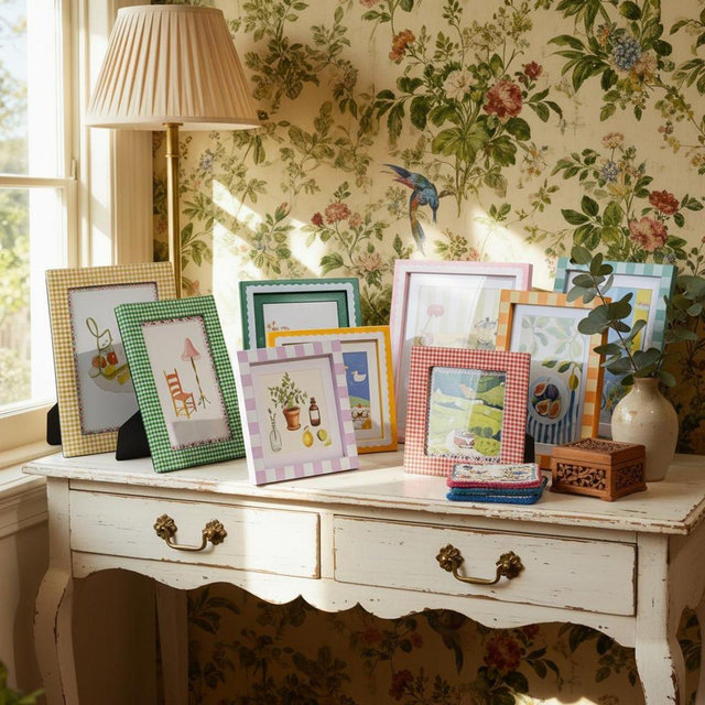 Colorful Wood Picture Frame - Gingham/Stripe Photo Frames，Cute Cottagecore Illustration Decor for Tabletop & Wall Gallery (4x4, 4x6, 5x7)