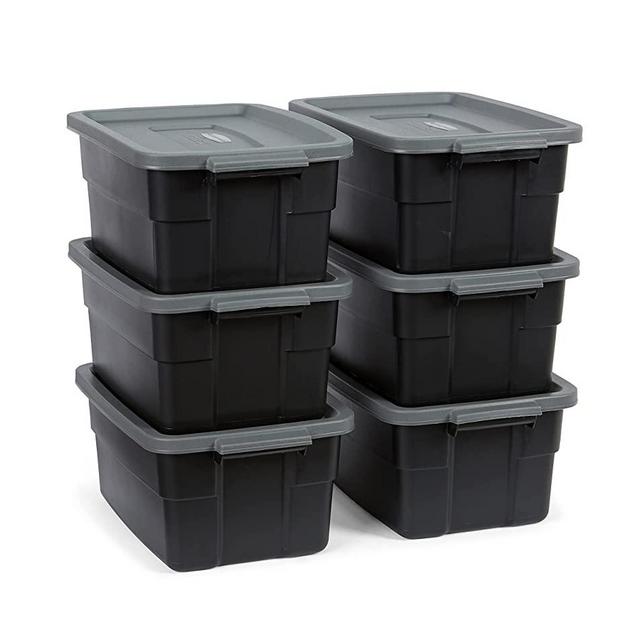 Rubbermaid Roughneck️ 3 Gallon Storage Totes, Pack of 6, Durable Stackable Storage Containers with Lids, Nestable Plastic Storage Bins for Accessories, Office Supplies, Tool Storage, Black and Grey