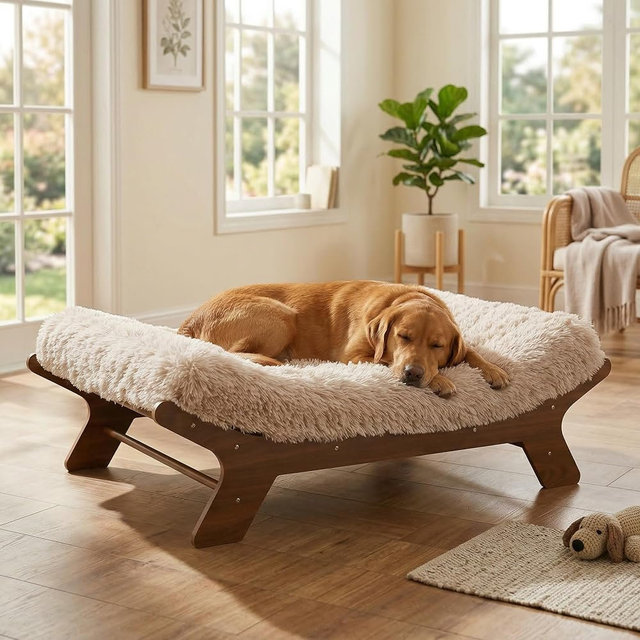Muihood Wood Elevated Dog Bed Frame and Egg Crate Foam Mattress, Luxurious Suitable for Pets Up to 110 lbs, Walnut Grain Pattern, XL