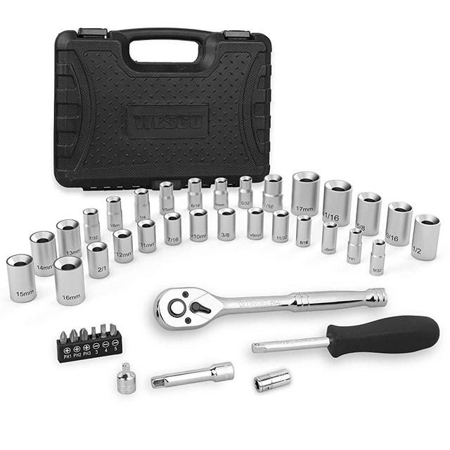 WESCO 40 Piece Drive Socket Set, 1/4-Inch & 3/8-Inch Drive Socket Wrench Set, SAE/Metric Mechanics Tool Set for Auto Repairing & Household - WS9966U