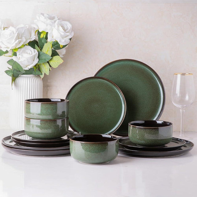 LeRatio Ceramic Dinnerware Sets of 4,Poreclain Plates and Bowls Sets,Handmade Reactive Glaze Dishes Set,Chip Resistant and Scratch Resistant | Oven&Dishwasher & Microwave Safe,Service for 4-Green