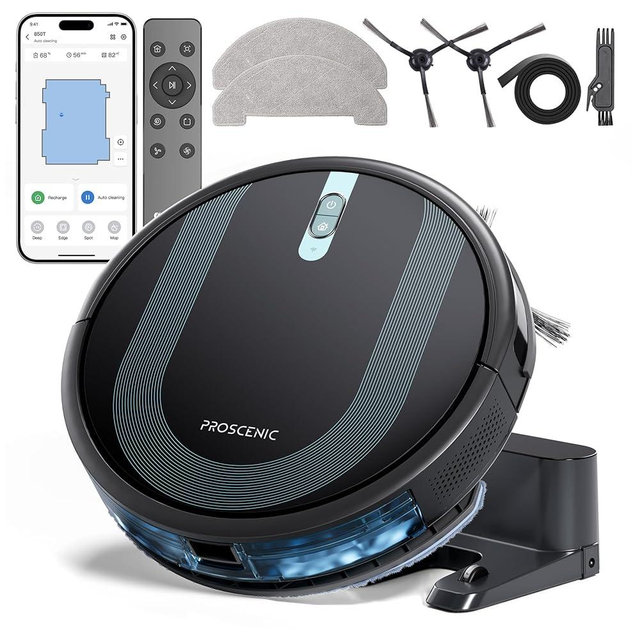 Proscenic 850T Robot Vacuum and Mop Combo, Ultra Slim, 3000 Pa Powerful Suction Automatic Vacuum Cleaner with 120 Min Run, Self-Charging, WiFi APP Customized Cleaning for Home Floor, Pet Hair, Carpet