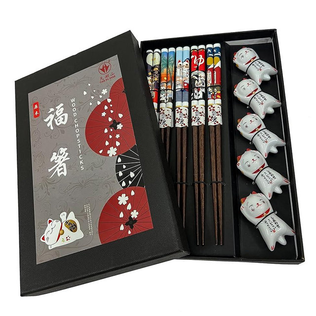LANHUTHS Wooden Chopsticks Reusable 5 Pairs Gift Set with 5pcs porcelain rest Lucky Cat Design Hand-Made 8.8 Inch/22.5cm