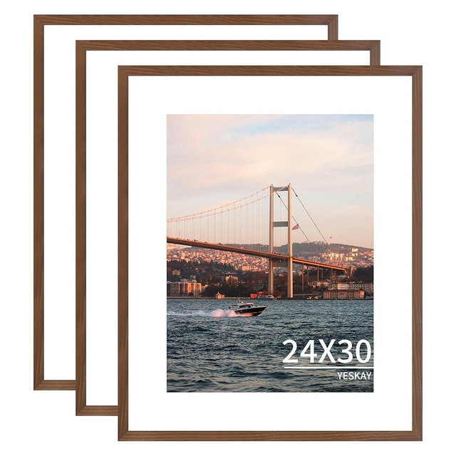 YESKAY 24x30 Picture Frame 3 Pack - Brown Poster Frame Display Pictures 18x24 with Mat or 24 x 30 Without Mat for Wall Hanging Horizontal and Vertical