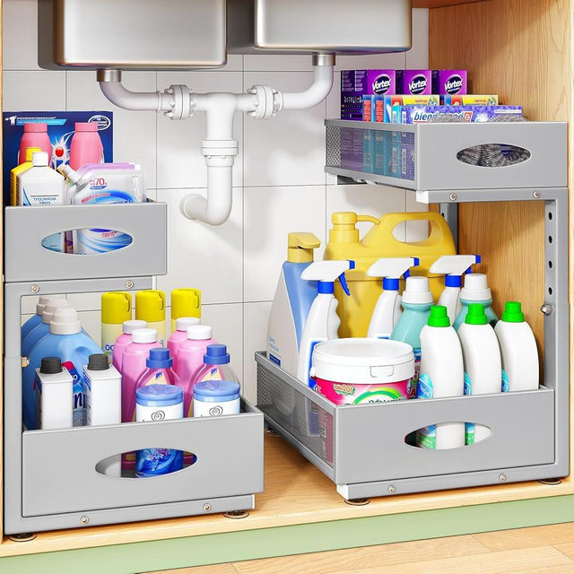 Under Sink Organizer, 2-Pack Pull Out Cabinet Organizer 2 Tier Metal Slide Out Storage Shelf Rack, L-Shaped Adjustable Height,Mesh Sliding Drawer for Kitchen, Bathroom, Laundry, Pantry, Grey, XL