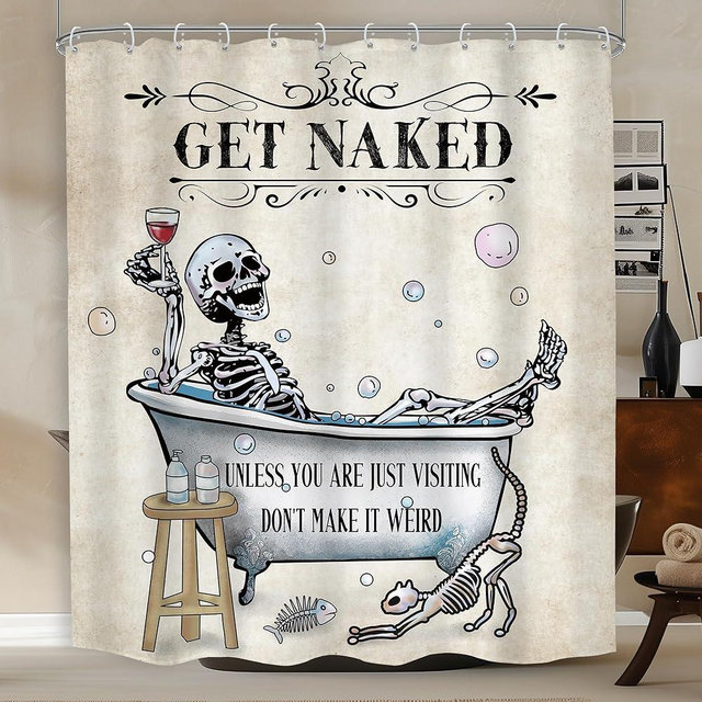Mitpok Halloween Funny Skull Skeleton Shower Curtain 60Wx72H Gothic Spooky Unique Cool Bone in Bathtub Bubbles Horror Cat Fish Retro Scary Bathroom Decor Bath Curtain Fabric Polyester 12 Pack Hooks