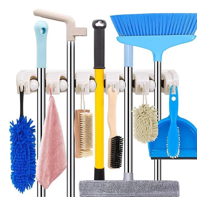HYRIXDIRECT Mop and Broom Holder Wall Mount Heavy Duty Broom Holder Wall Mounted Broom Organizer Home Garden Garage Storage Rack 5 Position with 6 Hooks (Beige)