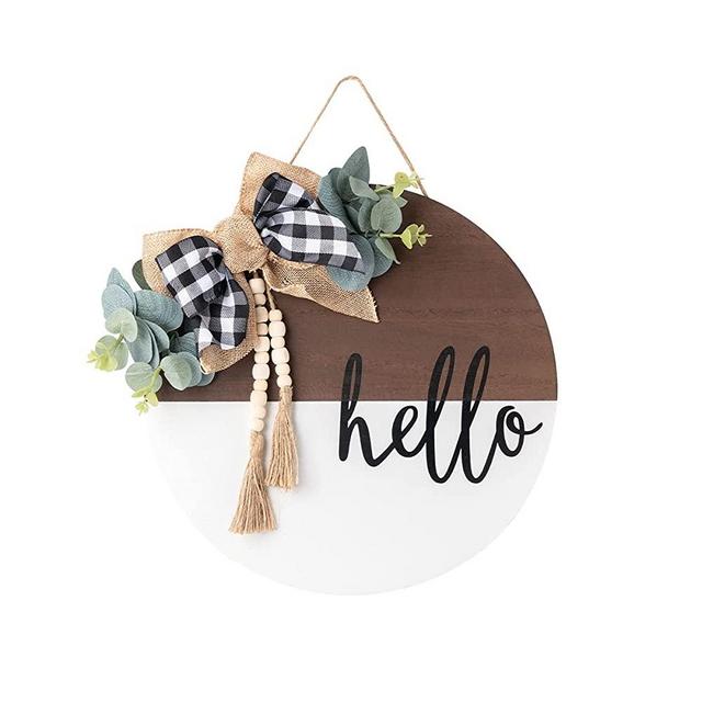 Heart Carpenter Welcome Door Sign Wood Hanging Front Door Porch Decor with Tassel with rustic wood Beaded,Burlap Bow Rustic Country Wall Decor（hello）