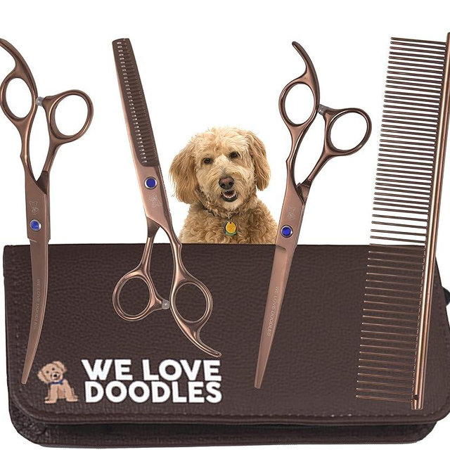 Dog Grooming Scissors Kit - Best Tools for Goldendoodles, Poodles & Doodles - Straight, Curved & Thinning Shears - Golden Doodle Grooming Kit - Professional Grade Steel, 4 Pc Set [We Love Doodles]
