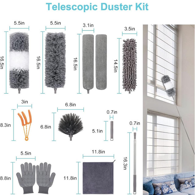 12pcs Microfiber Dusters, Duster with Extension Pole(Stainless Steel) 30 to 100'', Washable Dusters, Bendable Extendable Long Feather Duster for Cleaning Fan, High Ceiling, Blinds, Furniture, Cars