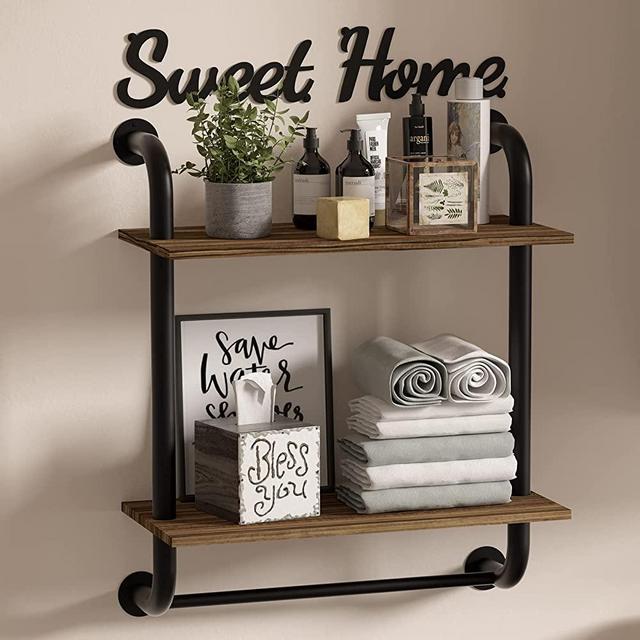 Bathroom Shelves Wall Mounted, Industrial Pipe Shelving 2-Tier, Rustic Farmhouse Shelves for Wall Decor, Floating Bathroom Shelf Over Toilet with Towel Bar for Kitchen, Bedroom, Living Room 17.3 inch