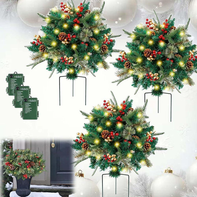 Prelit Planter Bushes Christmas,Outdoor Christmas Planter Arrangement,Faux Holiday Planters with Lights Outdoor Decorations Lighted(3PCS)