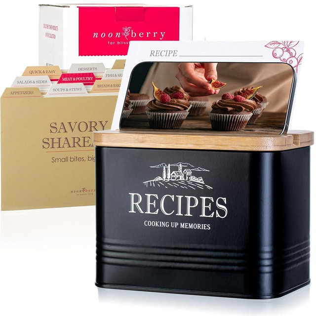 noonberry 4x6 Recipe Card Box Set – Vintage Recipe Box with Wooden Lid & Phone Slot – Includes 50 Recipe Cards and 12 Dividers – Metal Organizer – Gift-Ready Recipe Tin – Matte Black Finish
