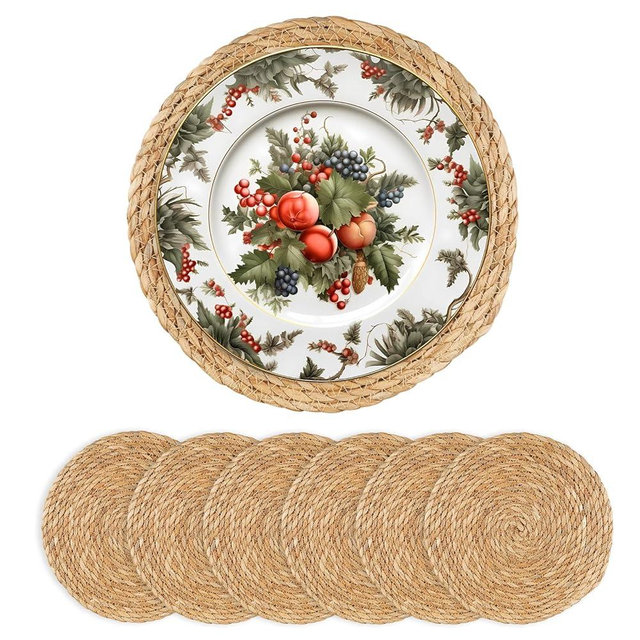Round Woven Placemats - Boho Rattan Placemats Natural Water Hyacinth Placemats, Farmhouse Weave Place Mats, Rustic Braided Wicker Table Mats for Dining Table,Home,Wedding (13.5 inch Set of 6)