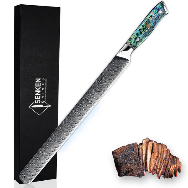SENKEN 12" Damascus Steel Brisket Knife - Umi Collection - 67-Layer Japanese VG10 Steel with Deep Sea Abalone Shell Handle - Ultra Sharp Carving Knife for Brisket, Meat, Roasts, and Large Fruit (12")