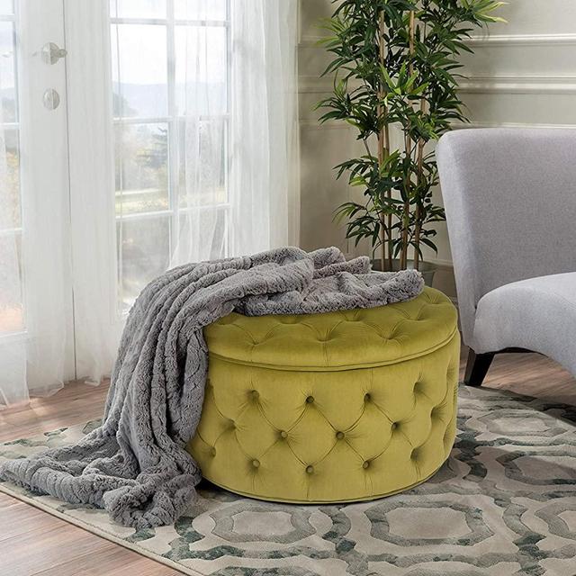 Homebeez Round Velvet Storage Ottoman, Button Tufted Footrest Stool Bench (Brass)