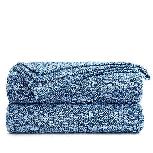 Longhui bedding Blue Knitted Throw Blanket for Couch - Soft, Cozy Machine Washable 100% Cotton Sofa Knit Blankets, 60 x 80 Inches Oversized, Blue and White Color, Laundry Bag Included