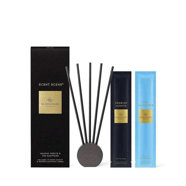 Glasshouse Fragrances The Hamptons & Arabian Nights Scent Scene Duo, Refillable Liquidless Diffuser + 10 Stems, Perfume Scented Home Decor, Teak & Petitgrain + White Oud Scent