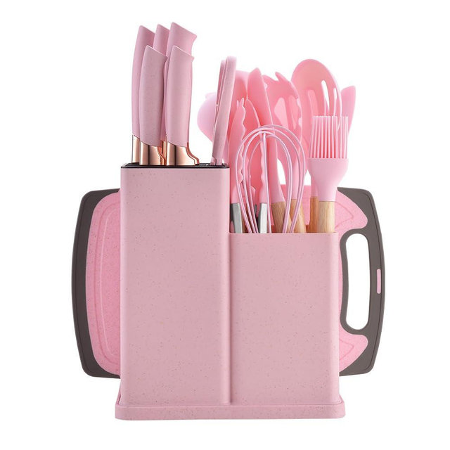 19 Piece Kitchenware Utensils and Knife Set- includes: 9 Piece Silicone Cooking Utensils- 5 Piece Sharp Stainless Steel Chef Knives- Scissors -Whisk Tongs and Cutting Board (Pink)