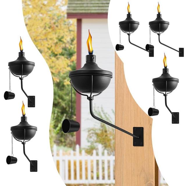 FAN-Torches Wall Mounted Citronella Torches Set of 6, 24 oz Garden Torches for Outside, Refillable Flame Light Torch, Outdoor Metal Torch for Yard, Patio, Deck, Garden, Party, Landscape