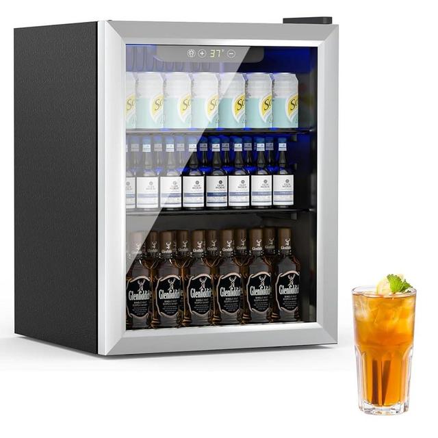 Erivess Beverage Refrigerator and Cooler, 76 Can/1.7 Cu Ft Mini Fridge with Glass Door, Adjustable Shelves for Soda,Bee,Wine, Free Standing Small Refrigerator, Digital Display, for Home, Bar, Office