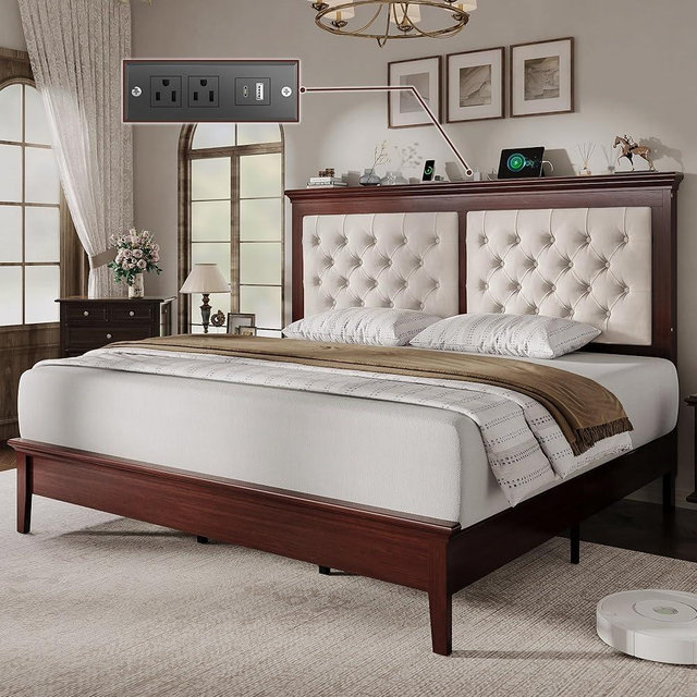 Lifezone Solid Wood King Bed Frame 46” Tall Diamond-Tufted Upholstered Headboard, American Classic Flat-Top Bed, Stable Structure, Wood Slats Support, Noise-Free, No Box Spring Needed,Reddish Brown