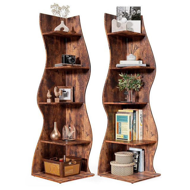 LITTLE TREE 70-Inch Corner Shelf, Seaweed Shaped Etagere Display Bookshelf, Freestanding 5-Tier Wall Shelves for Small Spaces, Living Room, Bedroom, Rustic, 2 Pack